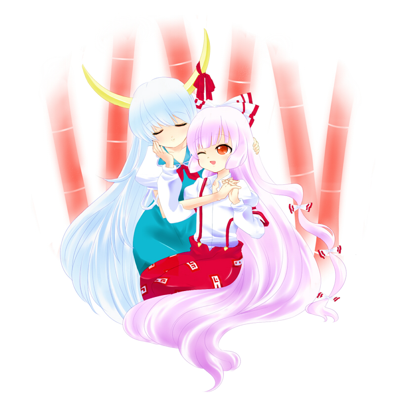 mushi q, ex-keine, fujiwara no mokou, kamishirasawa keine, touhou, bad id, bad pixiv id, 2girls, blue hair, bow, closed eyes, female focus, hair ribbon, holding hands, horns, kneeling, long hair, multiple girls, plant, purple hair, red eyes, ribbon, sitting, white background, wink