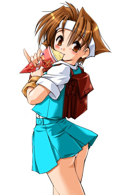 wakaba hinata, capcom, justice gakuen, shiritsu justice gakuen, ass, blush, brown eyes, brown hair, food, headband, ice cream, panties, pantyshot, school uniform, solo, underwear