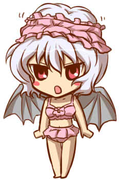 kino konomi, konomi (kino konomi), remilia scarlet, team shanghai alice, touhou, bad id, bad pixiv id, lowres, 1girl, barefoot, bat wings, bikini, chibi, female focus, pink bikini, red eyes, short hair, solo, swimsuit, vampire, wings
