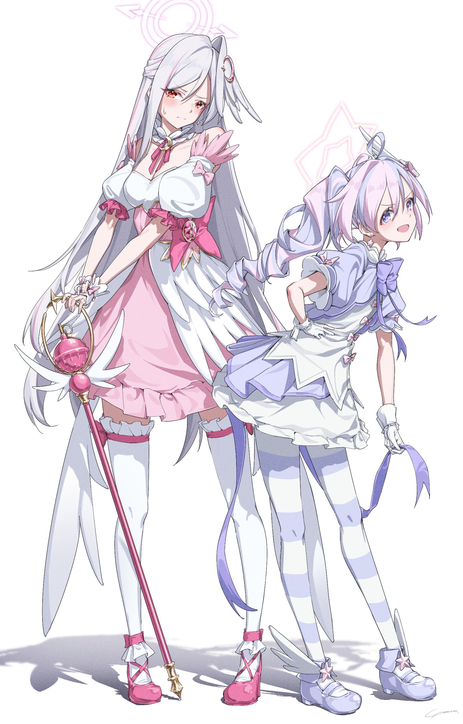 yo na, reisa (blue archive), reisa (magical) (blue archive), suzumi (blue archive), suzumi (magical) (blue archive), blue archive, absurdres, highres, 2girls, ahoge, blue shoes, breasts, cleavage, closed mouth, dress, drill hair, full body, gloves, grey hair, hair between eyes, halo, long hair, looking at viewer, magical girl, multicolored hair, multiple girls, official alternate hairstyle, open mouth, pantyhose, pink shoes, puffy short sleeves, puffy sleeves, purple hair, shoes, short sleeves, simple background, standing, streaked hair, striped clothes, striped pantyhose, thighhighs, twin drills, very long hair, white background, white gloves, white thighhighs