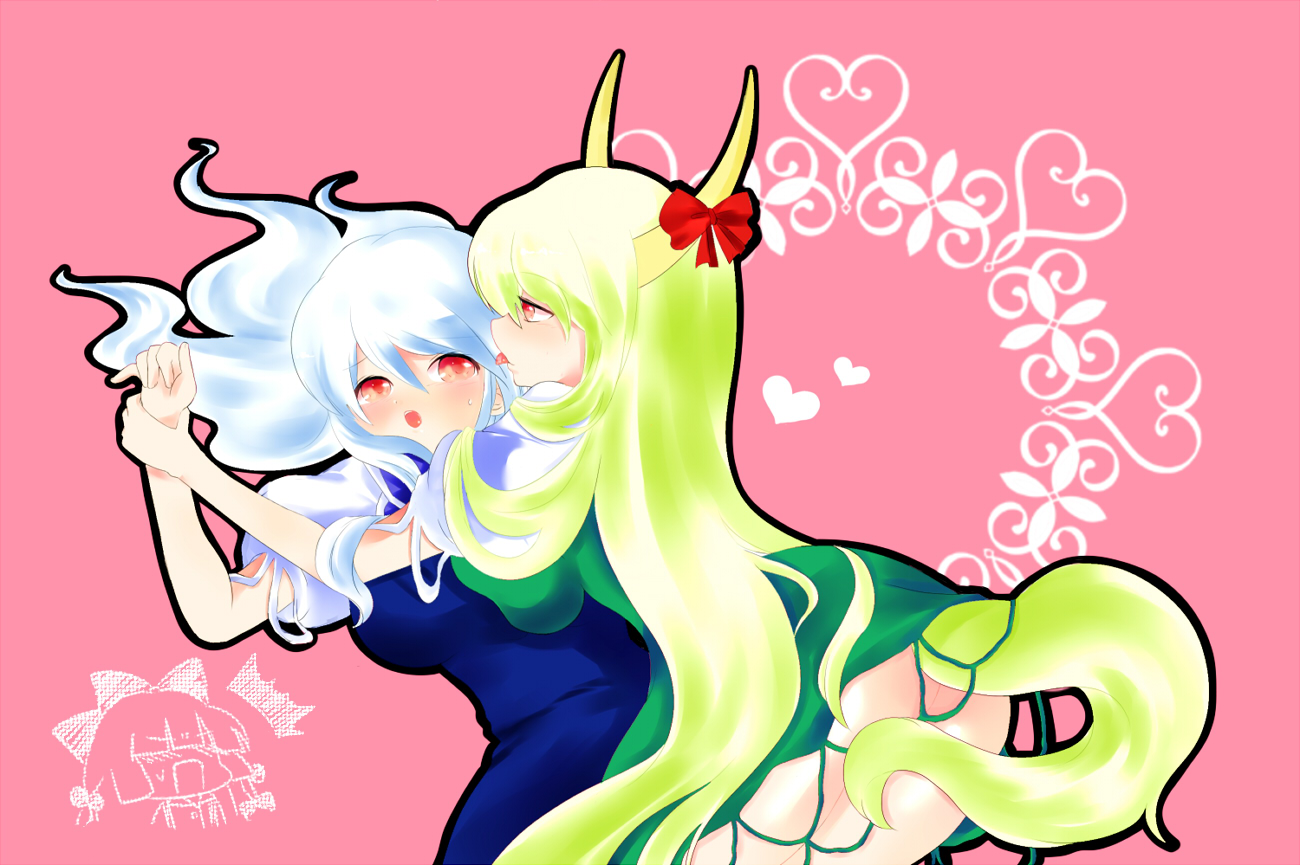 mushi q, ex-keine, fujiwara no mokou, kamishirasawa keine, touhou, bad id, bad pixiv id, 2girls, blue hair, bow, dual persona, female focus, green hair, hair ribbon, horns, licking, long hair, multiple girls, red eyes, ribbon, selfcest, tail, yuri
