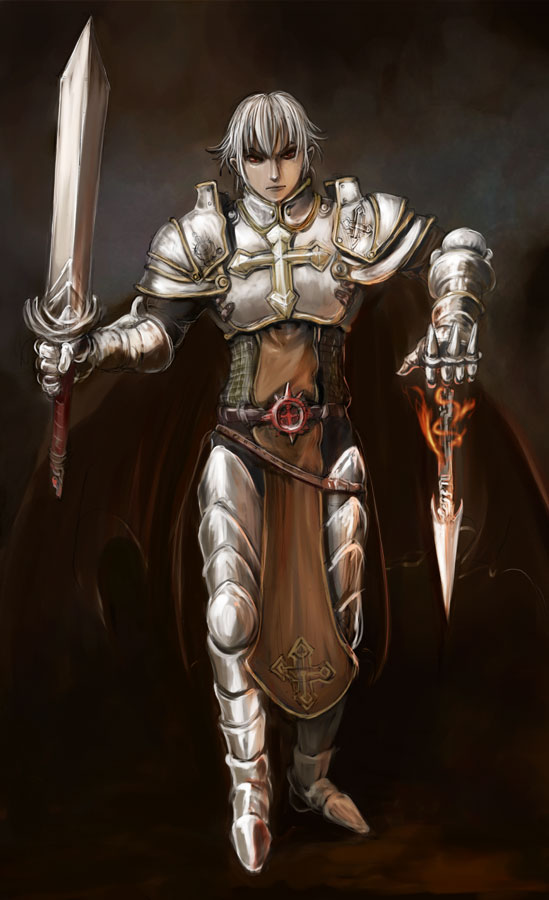 naoki (naoieo), lord knight (ragnarok online), seyren windsor, ragnarok online, commentary request, 1boy, armor, armored boots, belt, boots, breastplate, brown belt, brown tabard, chainmail, closed mouth, cross, cross of prontera, full body, grey background, holding, holding sword, holding weapon, human scabbard, leg armor, looking at viewer, male focus, pauldrons, polearm, red eyes, short hair, shoulder armor, solo, spear, spiked gauntlets, standing, sword, tabard, weapon, white hair