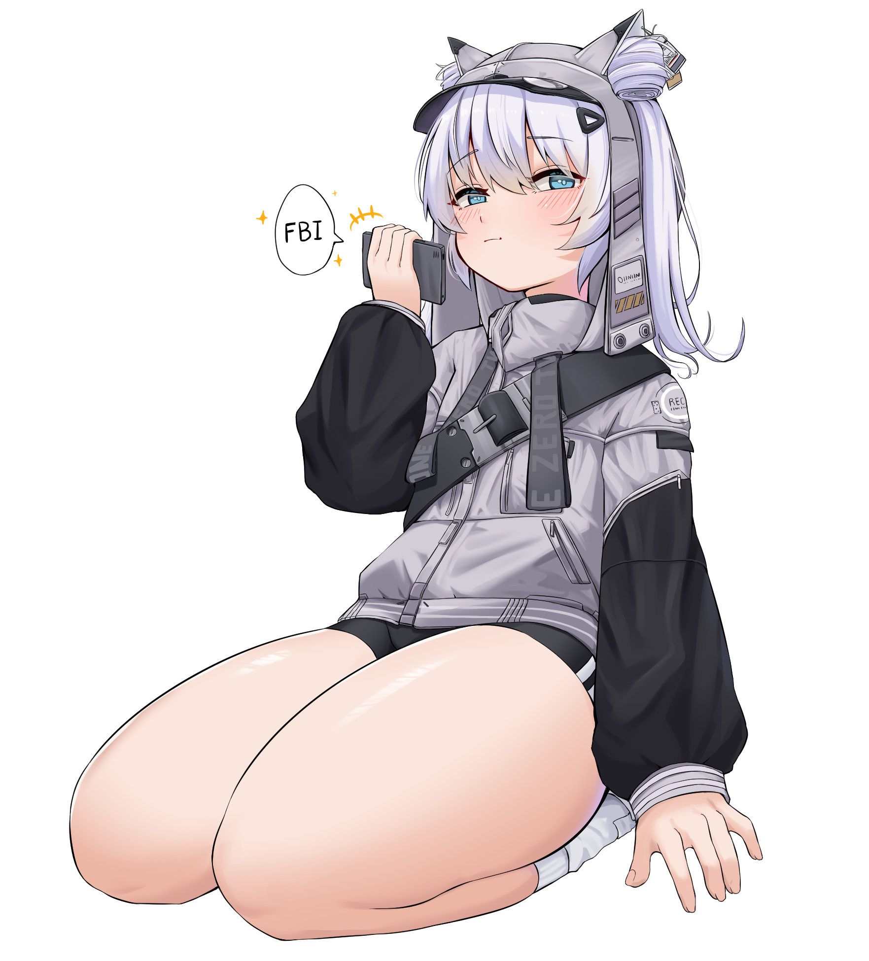symbol world, n102 (nikke), goddess of victory: nikke, highres, 1girl, bike shorts, black shorts, blue eyes, closed mouth, full body, grey hair, grey jacket, holding, holding phone, hood, hood up, jacket, long hair, long sleeves, looking at viewer, phone, shorts, simple background, solo, thigh focus, thighs, white background