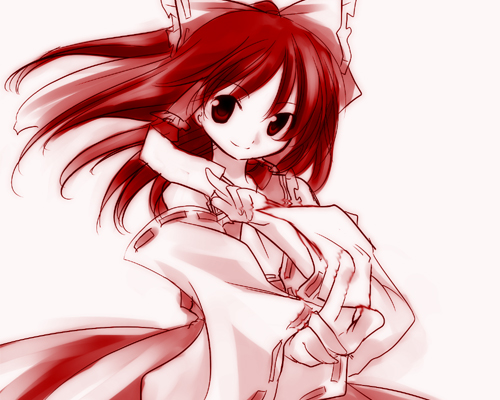 binega~a, vinegar, hakurei reimu, touhou, bad id, bad pixiv id, lowres, 1girl, between fingers, bow, detached sleeves, female focus, hair bow, hair tubes, holding, japanese clothes, long hair, miko, monochrome, ofuda, red theme, ribbon, smile, solo, x arms