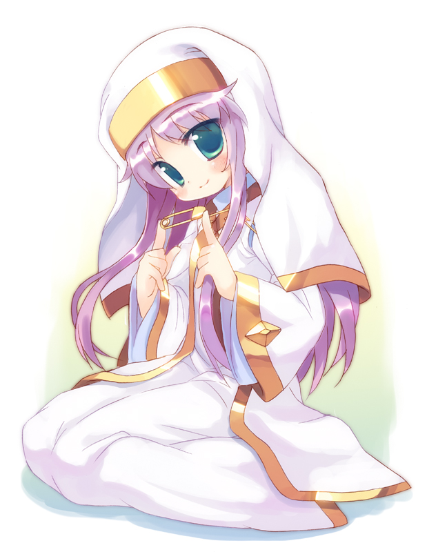 meito (maze), index (toaru majutsu no index), toaru majutsu no index, habit, 00s, 1girl, blue eyes, cloak, female focus, full body, long hair, looking at viewer, nun, purple hair, safety pin, seiza, simple background, sitting, solo, tareme, veil, white background, yokozuwari