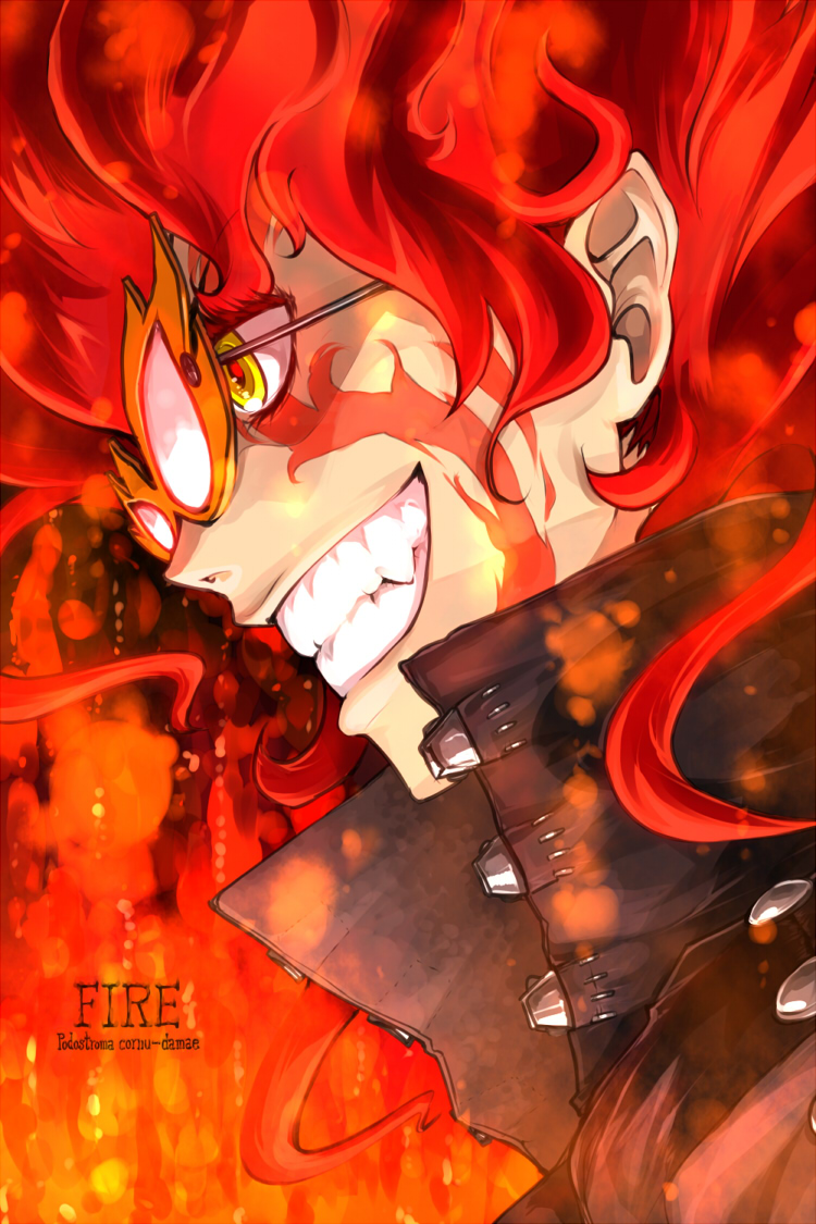 oso (toolate), podostroma cornu-damae, original, oso-teki kinoko gijinka zukan, 1girl, evil grin, evil smile, female focus, fire, glasses, grin, mushroom, personification, red hair, smile, solo, tattoo