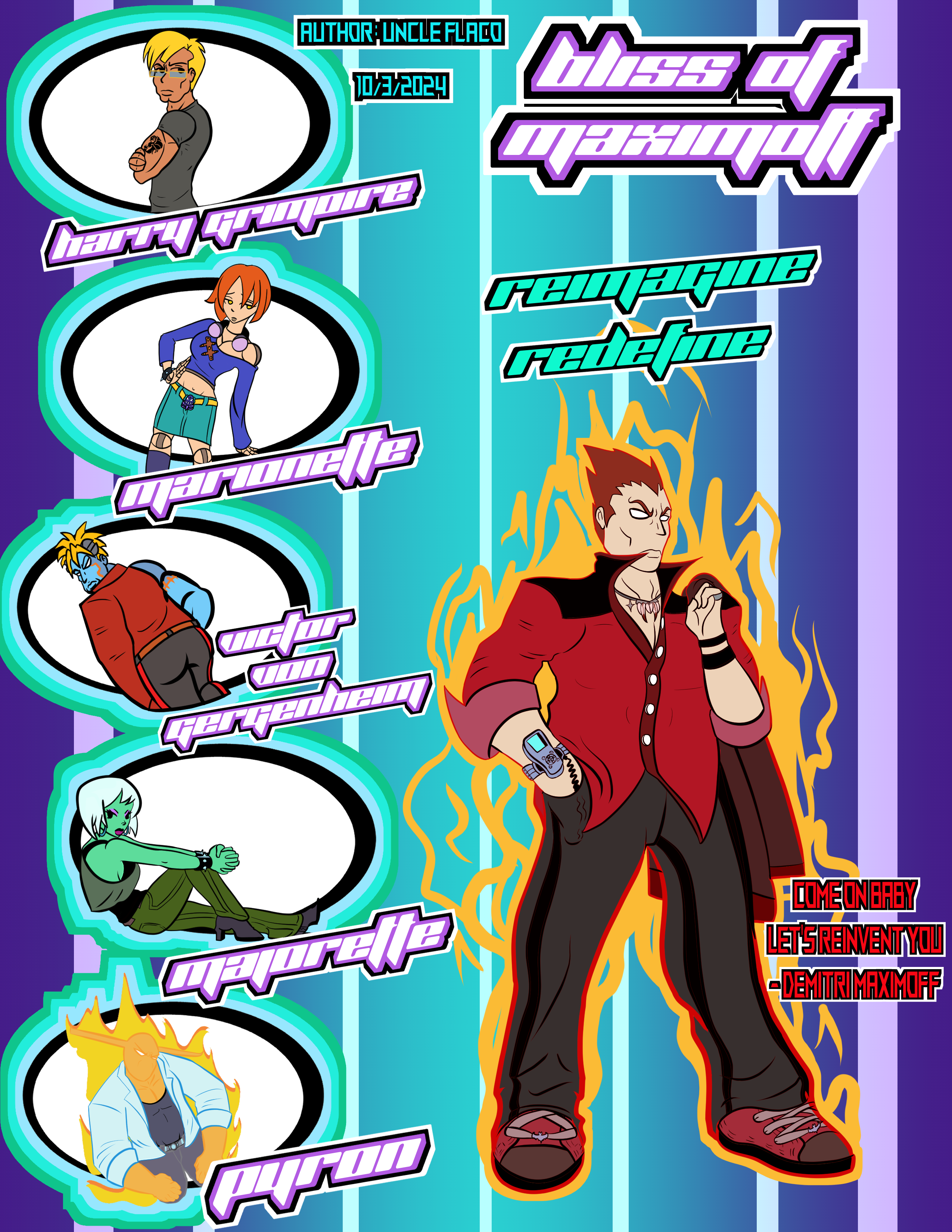 demitri maximoff, felicia (darkstalkers), harry (darkstalkers), marionette (darkstalkers), pyron, victor von gerdenheim, darkstalkers, absurdres, highres, non-web source, arm tattoo, boots, cover, glasses, magazine cover, majorette (darkstalkers), midriff, shoes, streetwear, tattoo, watch, wristwatch, y2k fashion