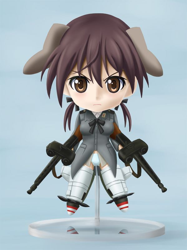 lielos, gertrud barkhorn, nendoroid, strike witches, world witches series, 00s, 1girl, animal ears, brown eyes, brown hair, chibi, drum magazine, female focus, figure, gun, magazine (weapon), military, military uniform, panties, solo, striker unit, twintails, underwear, weapon