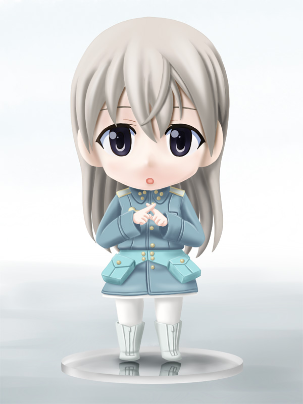 lielos, eila ilmatar juutilainen, nendoroid, strike witches, world witches series, silver hair, 00s, 1girl, :o, chibi, female focus, figure, long hair, military, military uniform, muri da na, pantyhose, reflection, solo, white pantyhose, x fingers