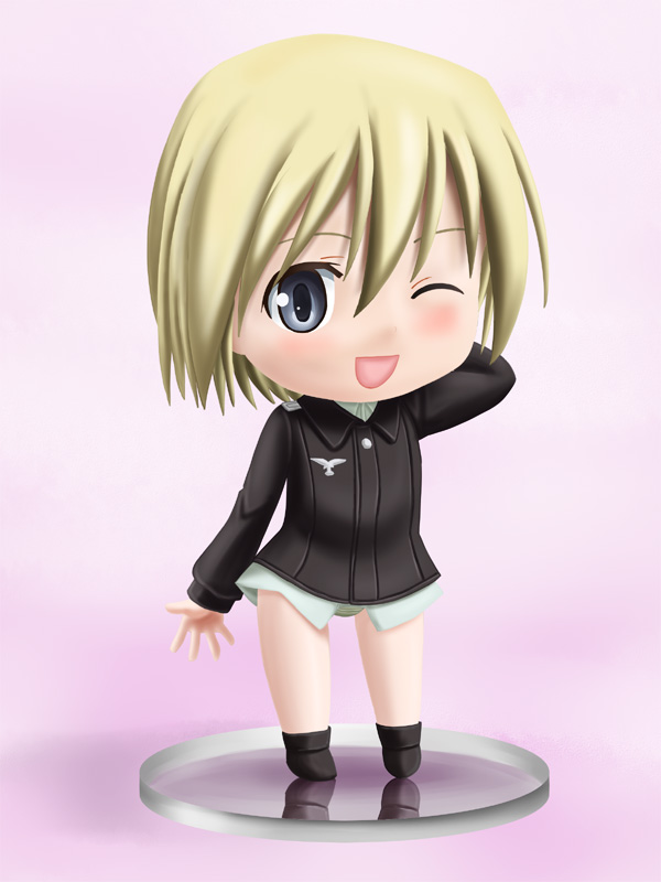 lielos, erica hartmann, nendoroid, strike witches, world witches series, 00s, 1girl, blonde hair, blue eyes, chibi, female focus, figure, military, military uniform, one eye closed, short hair, solo, wink