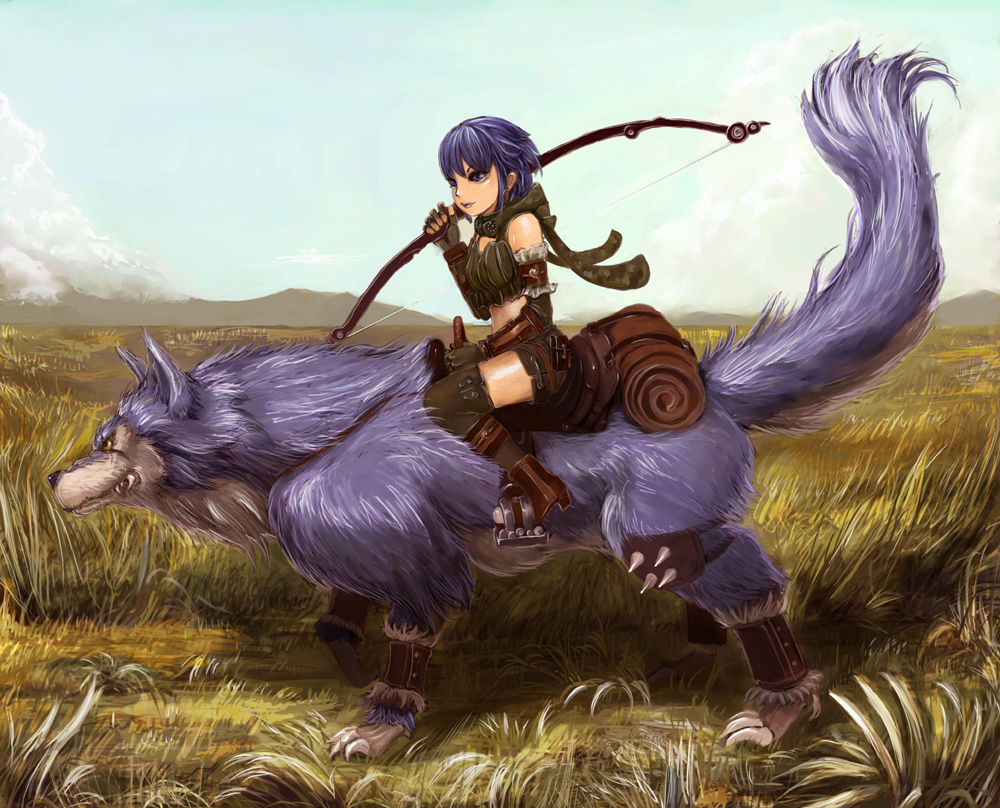 naoki (naoieo), ranger (ragnarok online), ragnarok online, commentary request, 1girl, blue sky, boots, bow (weapon), breasts, brown boots, camouflage scarf, closed mouth, cloud, field, fingerless gloves, full body, gloves, grass, green gloves, green scarf, green shorts, green thighhighs, green tube top, holding, holding bow (weapon), holding weapon, looking afar, outdoors, purple eyes, purple hair, riding, saddle, scarf, short hair, shorts, sky, small breasts, solo, strapless, thighhighs, tube top, weapon, wolf