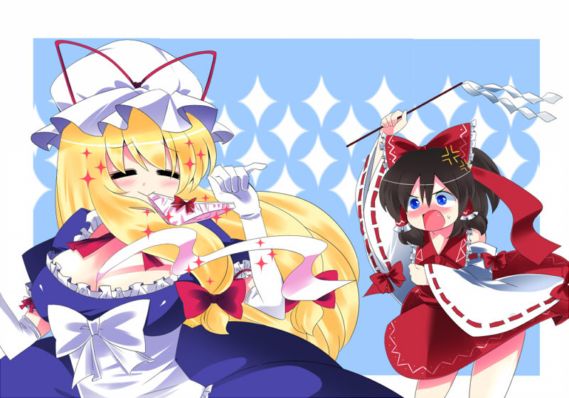 mushi q, hakurei reimu, yakumo yukari, touhou, bad id, bad pixiv id, 2girls, black hair, blonde hair, blue hair, breasts, cleavage, detached sleeves, elbow gloves, female focus, gloves, gohei, hair ribbon, hat, japanese clothes, large breasts, long hair, miko, mouth hold, multiple girls, panties, panties in mouth, ribbon, short hair, sparkle, underwear, white gloves
