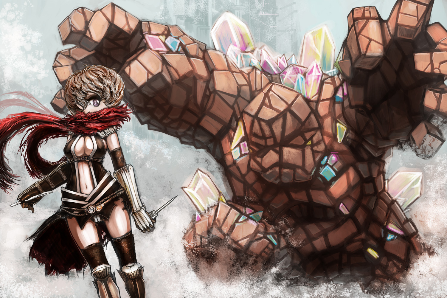 naoki (naoieo), assassin cross (ragnarok online), ragnarok online, commentary request, 1girl, armor, black gloves, black leotard, black thighhighs, bradium golem, breasts, brown hair, cleavage, cowboy shot, dagger, elbow gloves, gloves, golem, grey background, grey eyes, hair over one eye, holding, holding dagger, holding knife, holding weapon, ice pick, knife, leotard, looking back, medium breasts, navel, pauldrons, red scarf, revealing clothes, scarf, short hair, shoulder armor, solo, standing, thighhighs, torn clothes, torn scarf, vambraces, weapon
