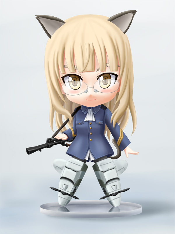 lielos, perrine h. clostermann, nendoroid, strike witches, world witches series, 00s, 1girl, animal ears, blonde hair, chibi, female focus, figure, glasses, gun, jacket, long hair, military, military jacket, military uniform, pantyhose, solo, striker unit, weapon, yellow eyes