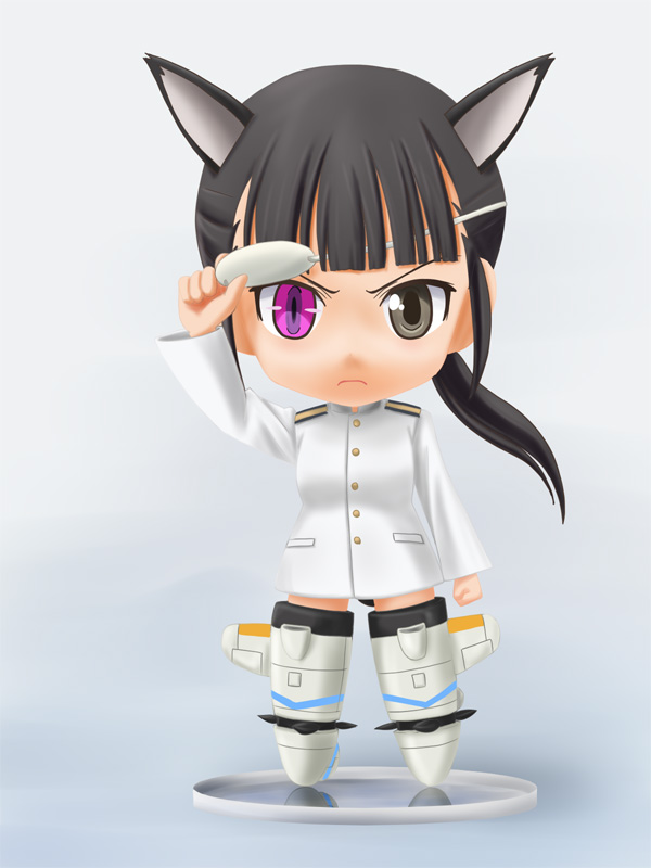 lielos, sakamoto mio, nendoroid, strike witches, world witches series, 00s, 1girl, animal ears, black hair, chibi, eyepatch, female focus, figure, heterochromia, military, military uniform, ponytail, solo, striker unit