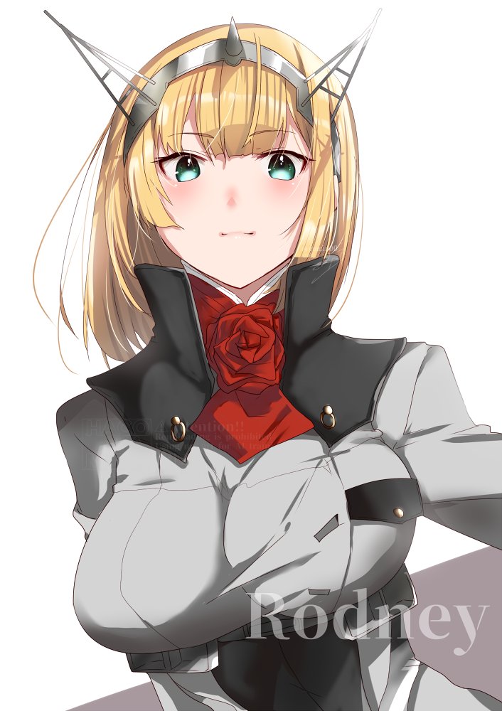 kimura shiki, rodney (kancolle), kantai collection, 1girl, ascot, blonde hair, blue eyes, breasts, character name, flower, green eyes, hairband, headgear, large breasts, long sleeves, looking at viewer, military uniform, neck flower, red ascot, red flower, red rose, rose, short hair, simple background, solo, white background