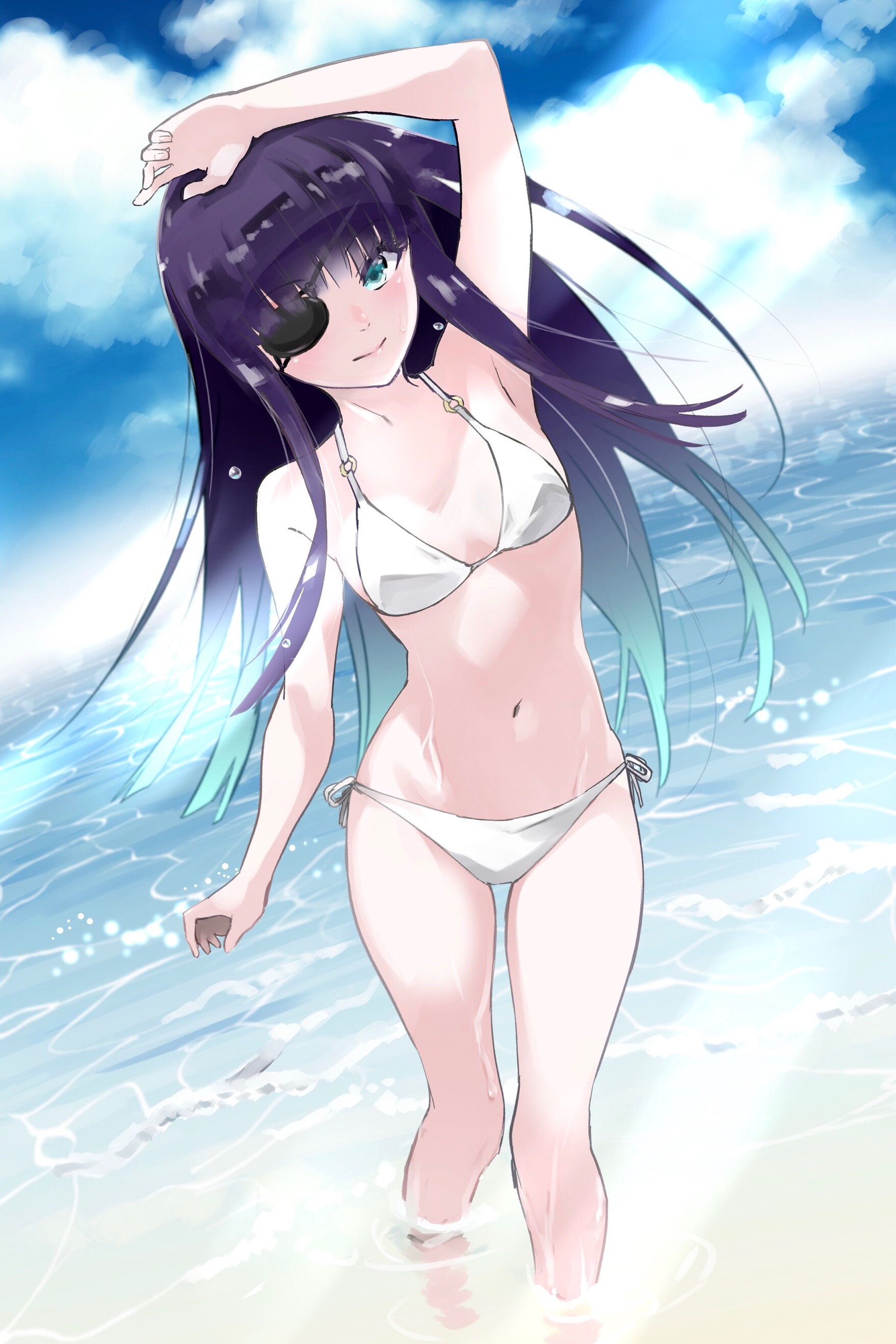 sukeno yoshiaki, sousei no onmyouji, tagme, 1girl, bikini, navel, ocean, smile, swimsuit, water