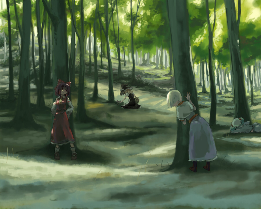 77gl, alice margatroid, hakurei reimu, kawashiro nitori, kirisame marisa, patchouli knowledge, touhou, 5girls, ass, blonde hair, blouse, female focus, forest, hiding, multiple girls, nature, red shirt, scenery, shirt, sleeveless, sleeveless shirt, stalking, tree, when you see it, white shirt