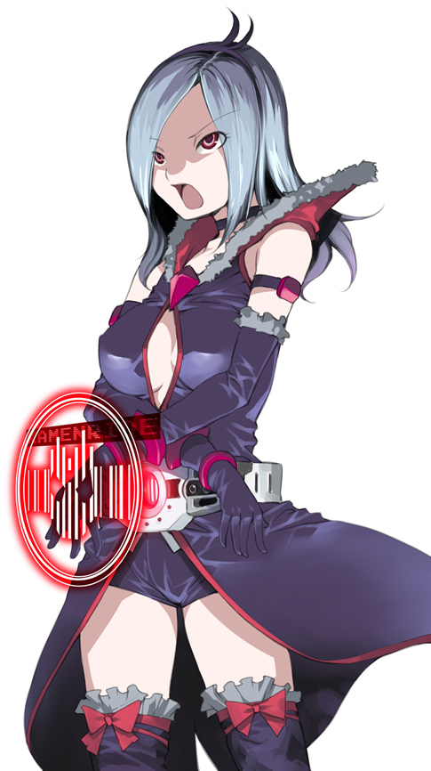 mizuryu kei, eas (fresh precure!), higashi setsuna, kamen rider decade, fresh precure!, kamen rider, kamen rider dcd, precure, black neckwear, 1girl, barcode, belt, black shorts, breasts, choker, elbow gloves, female focus, gloves, parody, red eyes, short hair, shorts, simple background, solo, thighhighs, white hair