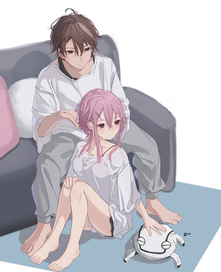 a-tora, fyu-neru, ouma shuu, yuzuriha inori, guilty crown, commentary, english commentary, 1boy, 1girl, 1other, alternate costume, alternate hairstyle, barefoot, brown eyes, brown hair, couch, grey pants, on couch, oversized clothes, oversized shirt, pants, pillow, pink hair, red eyes, shirt, simple background, white background, white shirt, zzz