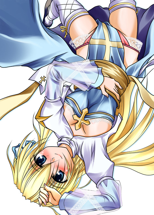 arch bishop (ragnarok online), ragnarok online, commentary request, 1girl, black shoes, blonde hair, blue dress, blue eyes, blush, breasts, cleavage, cleavage cutout, closed mouth, clothing cutout, cross, crossed bangs, dress, fishnet thighhighs, fishnets, foot out of frame, hair between eyes, long hair, looking at viewer, panties, pelvic curtain, pink panties, sash, shoes, simple background, smile, solo, tang qian, thighhighs, two-tone dress, underwear, upside-down, white background, white dress, white thighhighs, yellow sash