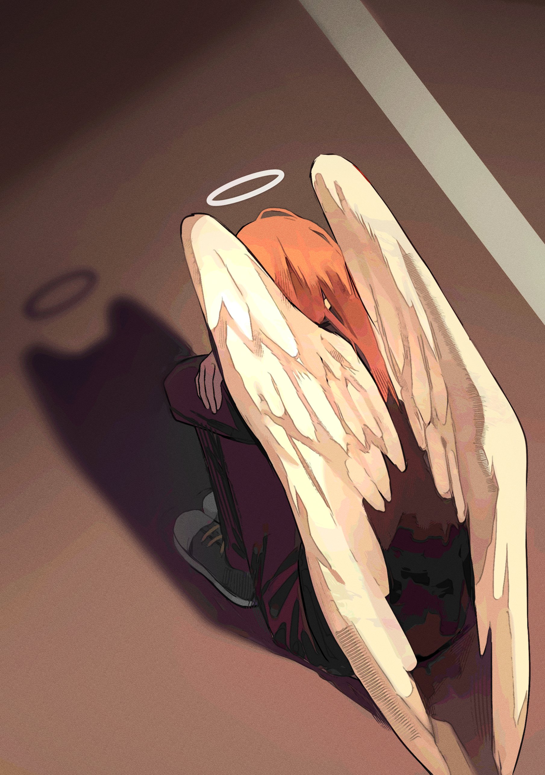 chyan 0012, angel devil (chainsaw man), chainsaw man, absurdres, derivative work, highres, 1boy, angel wings, black jacket, black pants, black suit, brown hair, cat shadow puppet (meme), crossed arms, facing away, feathered wings, formal clothes, from above, halo, hugging own legs, jacket, long hair, male focus, meme, pants, shoes, sneakers, solo, suit, white wings, wings