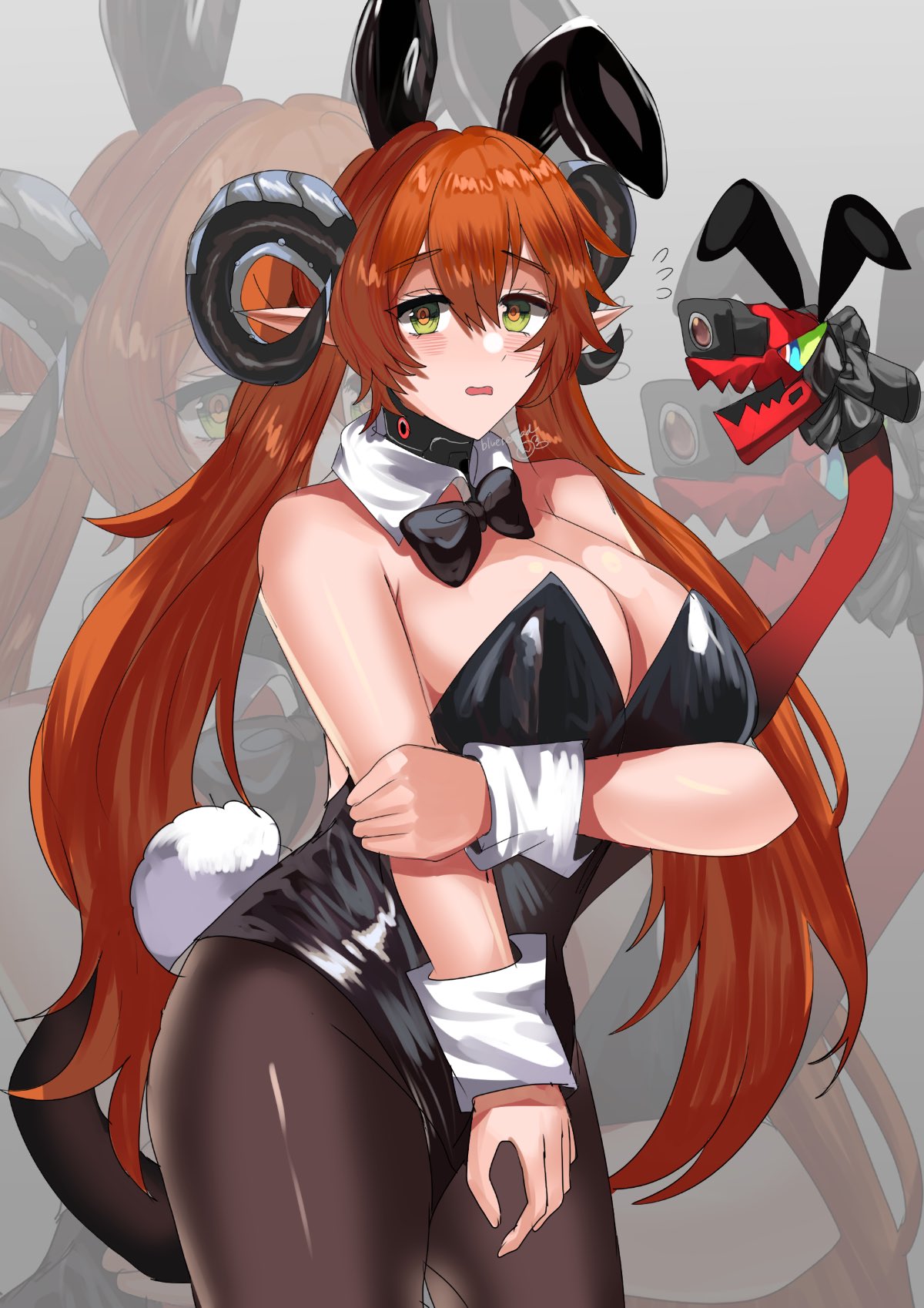 blue sealad, magus (zenless zone zero), orphie magnusson, zenless zone zero, highres, 2girls, animal ears, bare shoulders, black pantyhose, blush, breasts, cleavage, goat horns, green eyes, horns, large breasts, looking at viewer, multiple girls, orange hair, pantyhose, playboy bunny, pointy ears, rabbit ears, tail, twintails, wrist cuffs