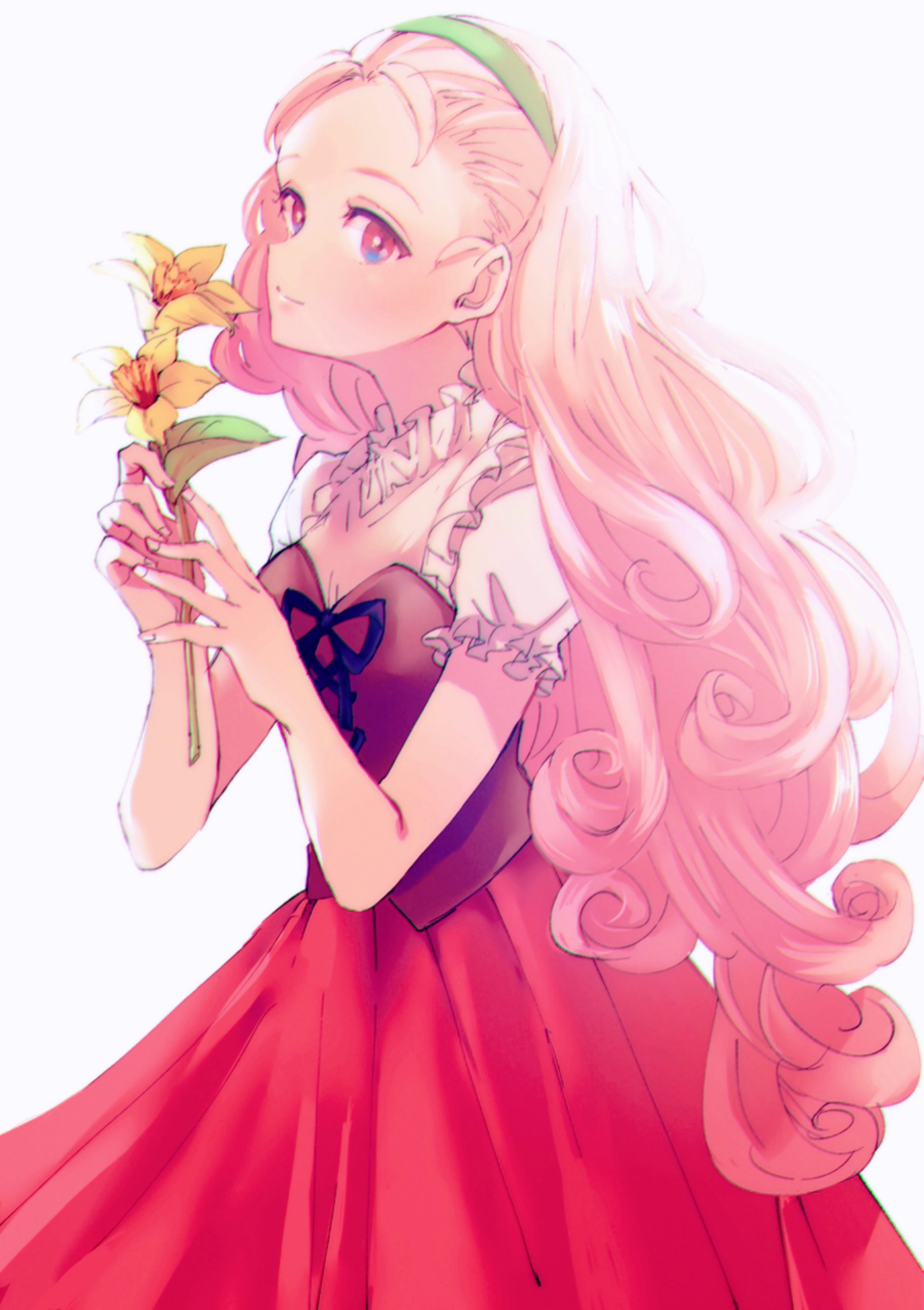 roji (c2263r), popuri (bokujou monogatari), bokujou monogatari, bokujou monogatari 2, absurdres, commentary request, highres, 1girl, closed mouth, flower, green hairband, hairband, holding, holding flower, long hair, pink hair, puffy short sleeves, puffy sleeves, red skirt, short sleeves, simple background, skirt, smile, solo, white background, yellow flower