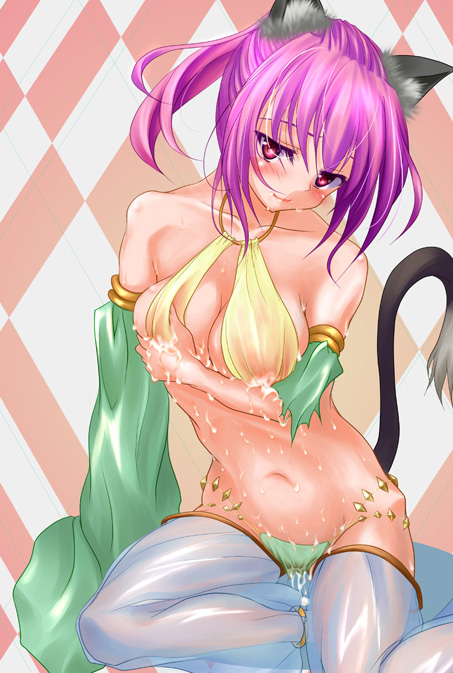 gypsy (ragnarok online), ragnarok online, commentary request, 1girl, animal ears, bikini, blush, breasts, cat ears, cat girl, cat tail, checkered background, cleavage, closed mouth, detached sleeves, feet out of frame, green sleeves, harem pants, lactation, lactation through clothes, looking at viewer, medium breasts, navel, orange background, pants, pink hair, red eyes, see-through clothes, see-through pants, short hair, smile, solo, swimsuit, tail, tang qian, white background, yellow bikini