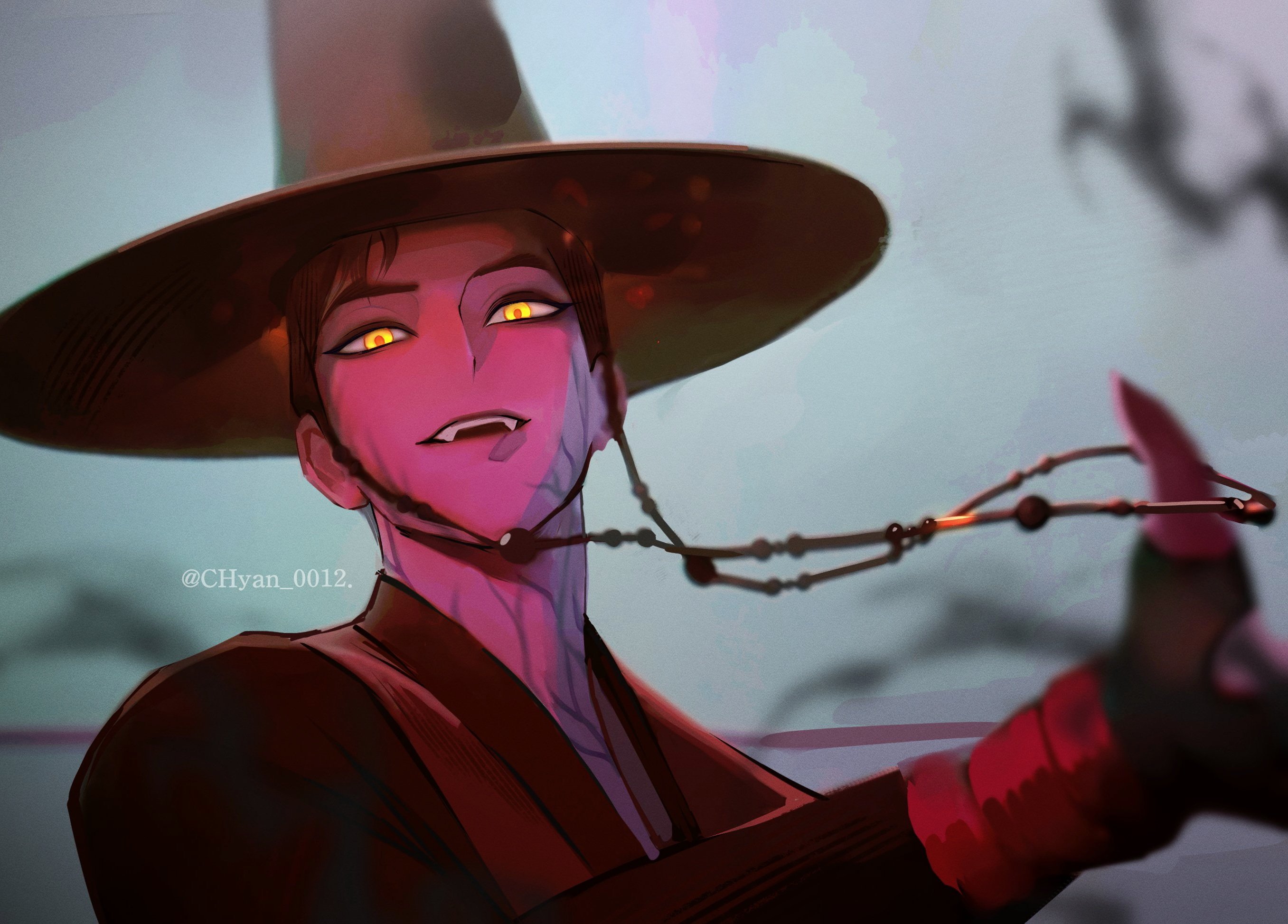 chyan 0012, abby (kpop demon hunters), kpop demon hunters, highres, 1boy, black hat, black robe, blurry, blurry background, body markings, facial mark, fangs, fingernails, glowing, glowing eyes, hat, looking at viewer, male focus, parted lips, robe, sharp fingernails, short hair, smile, solo, twitter username, upper body, wide brim, yellow eyes