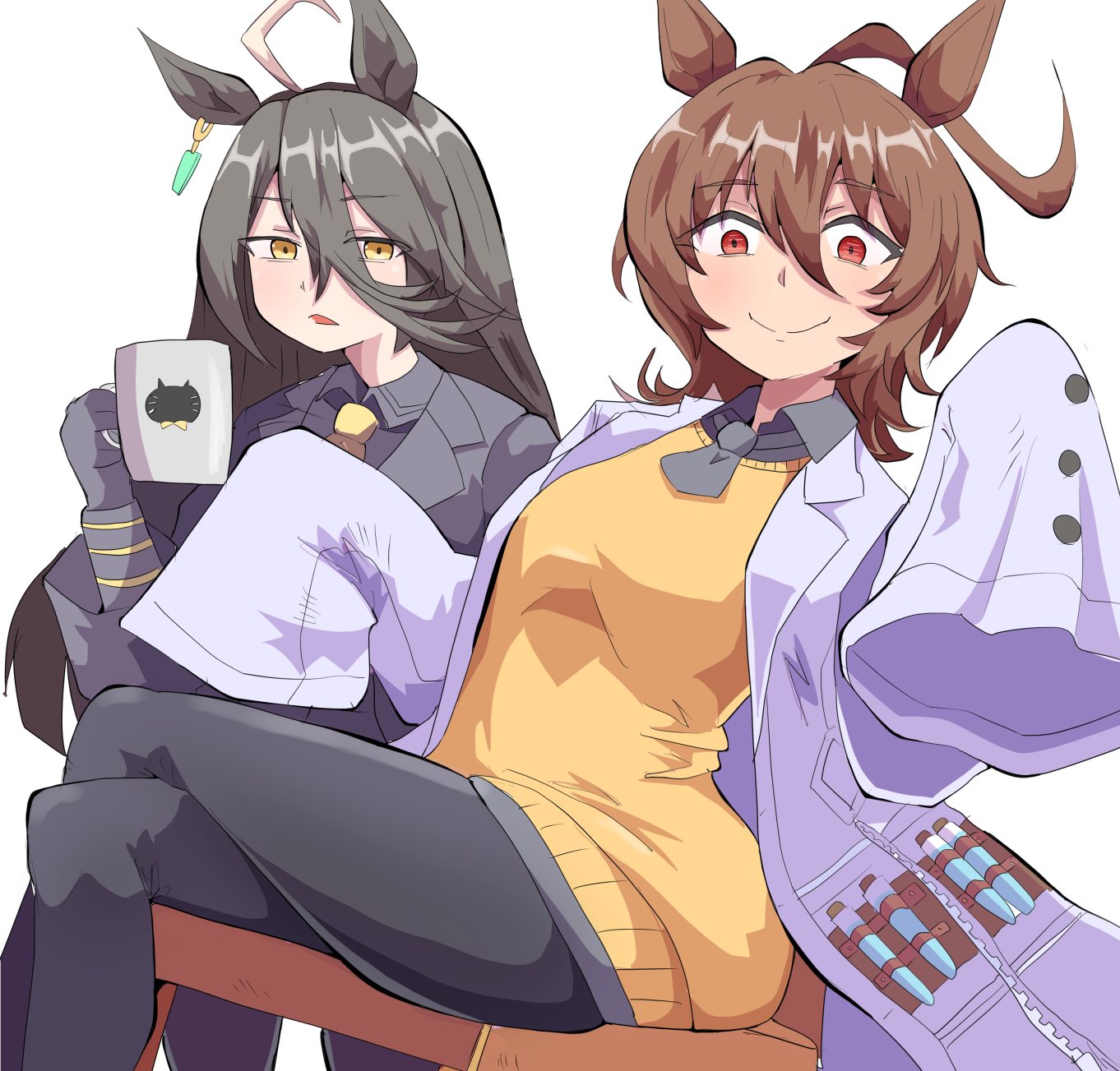 takobutter, agnes tachyon (tach-nology) (umamusume), agnes tachyon (umamusume), manhattan cafe (creeping black) (umamusume), manhattan cafe (umamusume), umamusume, umamusume: beginning of a new era, commentary request, highres, 2girls, ahoge, animal ears, black pantyhose, breasts, brown eyes, brown hair, closed mouth, collared shirt, crossed legs, cup, gloves, grey gloves, grey jacket, grey shirt, hair between eyes, hand up, holding, holding cup, horse ears, jacket, lab coat, long hair, mug, multicolored hair, multiple girls, necktie, open clothes, pantyhose, parted lips, red eyes, shirt, simple background, sitting, sweater, two-tone hair, very long hair, vial, white background, white hair, yellow necktie, yellow sweater