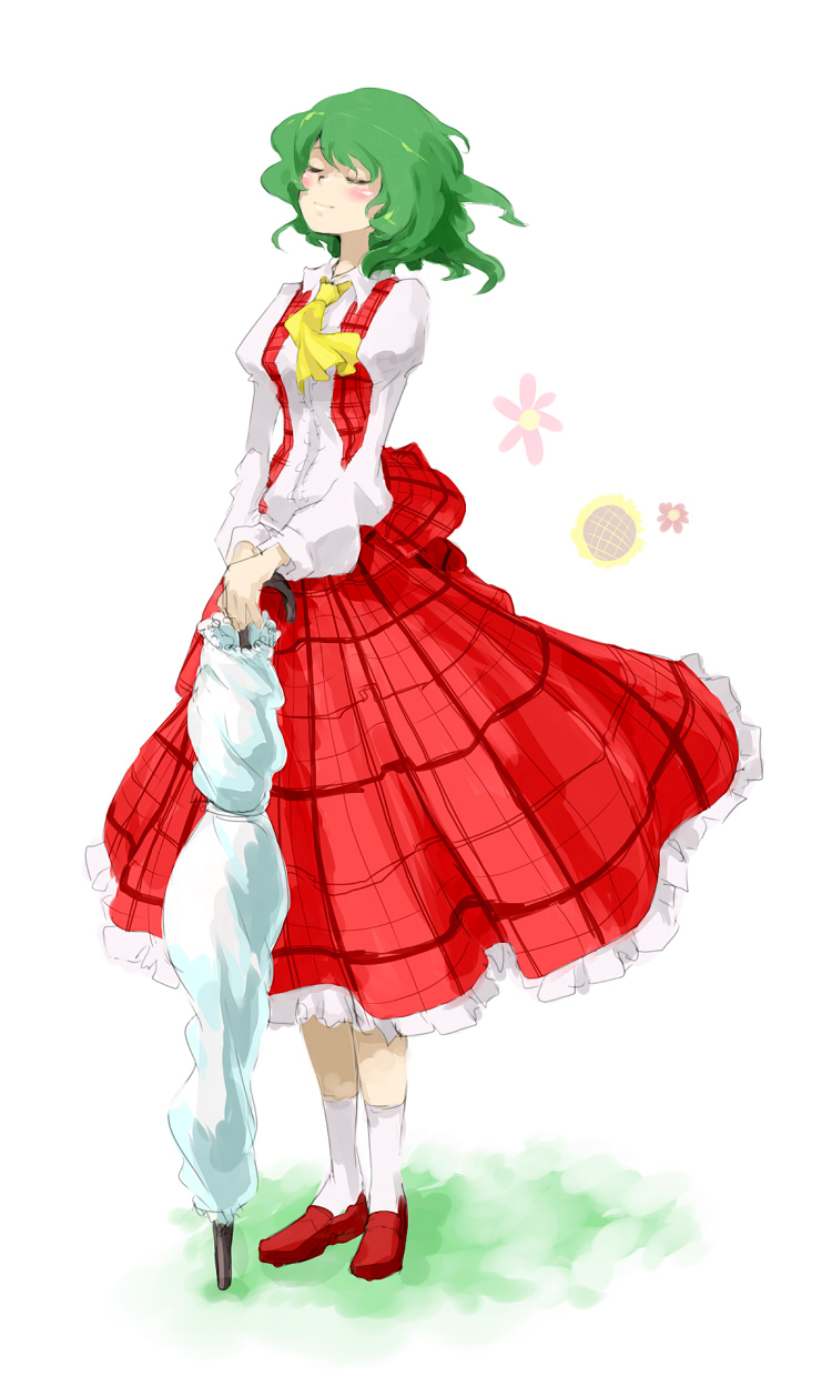 oso (toolate), kazami yuuka, touhou, highres, 1girl, ascot, closed eyes, closed umbrella, female focus, flower, green hair, long skirt, plaid clothes, plaid skirt, plaid vest, red skirt, short hair, simple background, skirt, skirt set, solo, standing, umbrella, vest