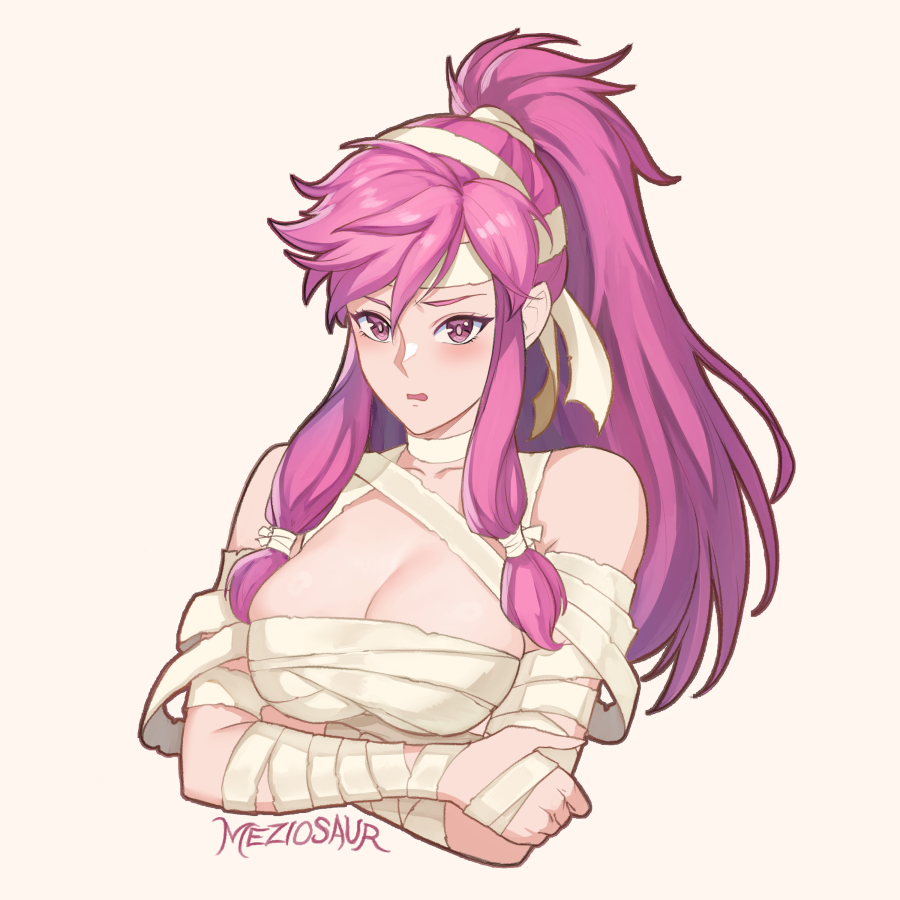 meziosaur, marisa (fire emblem), fire emblem, fire emblem: the sacred stones, nintendo, 1girl, alternate costume, bandage on hair, bandaged arm, bandaged chest, bandaged head, bandages, bare shoulders, blush, breasts, cleavage, crossed arms, halloween, halloween costume, large breasts, long hair, looking at viewer, mummy, mummy costume, naked bandage, open mouth, pink eyes, pink hair, ponytail, purple eyes, purple hair, simple background, solo, upper body