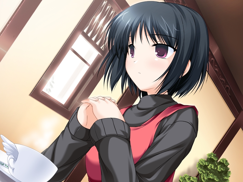tenmaso, mizunomori shizuku, always (visual novel), screencap, game cg, non-web source, 1girl, black hair, dutch angle, female focus, red eyes, short hair, solo, turtleneck
