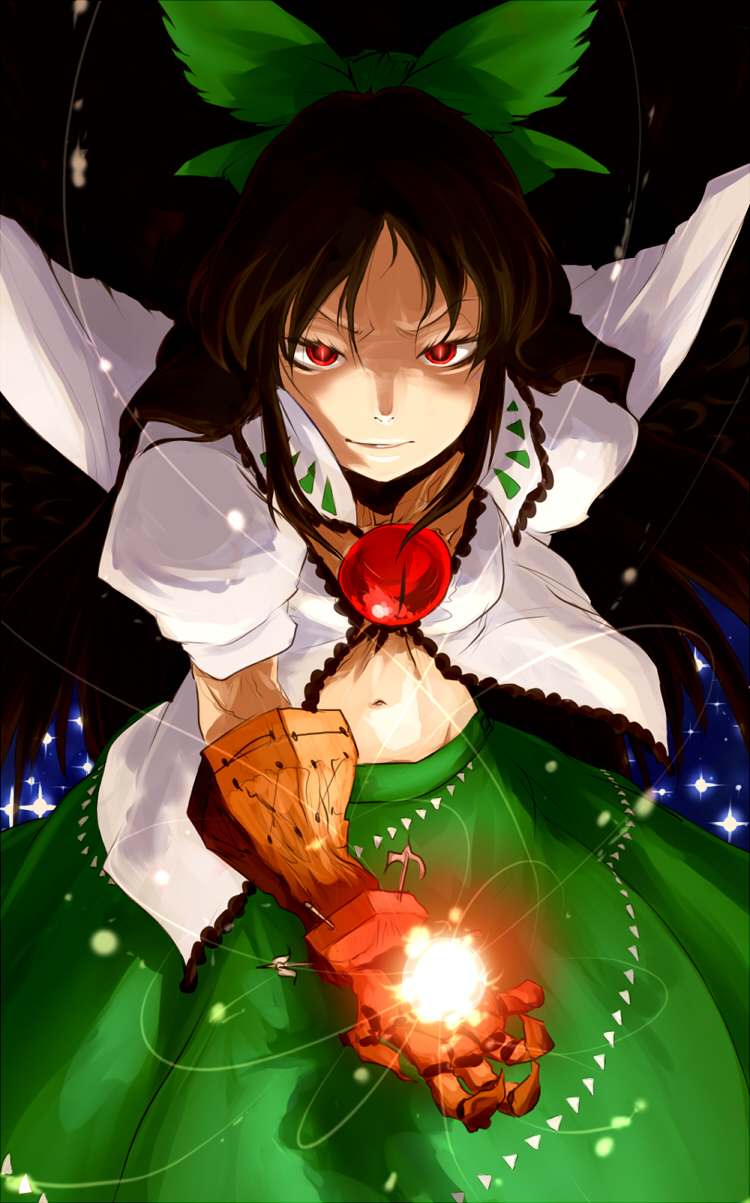 oso (toolate), reiuji utsuho, touhou, highres, 1girl, alternate weapon, bow, claws, female focus, glowing, hair bow, midriff, navel, skirt, solo, weapon, wings