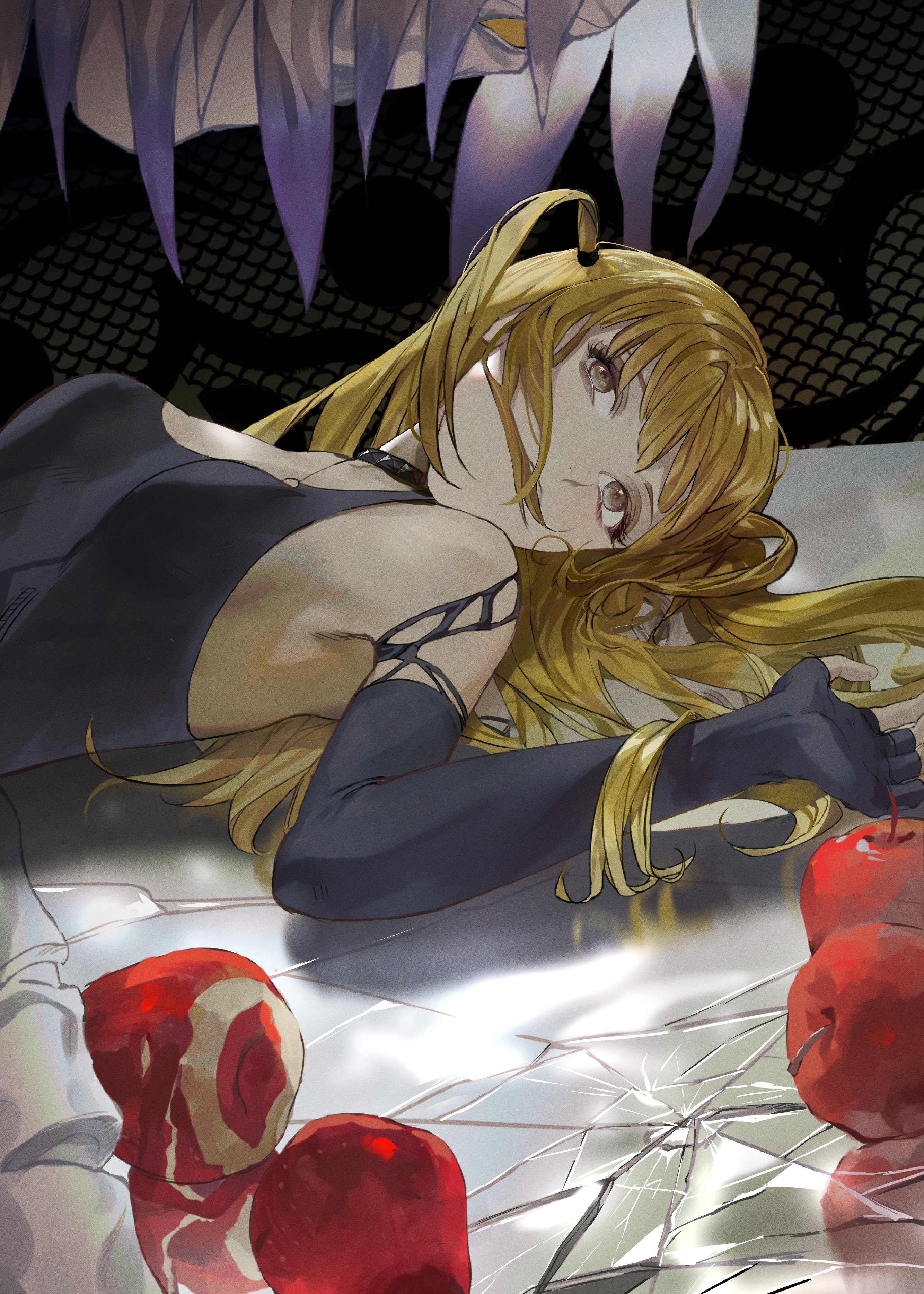 chyan 0012, amane misa, rem (death note), death note, absurdres, highres, 2girls, apple, apple peel, bare shoulders, black gloves, black shirt, blonde hair, blue hair, breasts, broken glass, colored tips, elbow gloves, fingerless gloves, food, fruit, glass, gloves, grey eyes, hair tie, half updo, hand in own hair, long hair, lying, medium breasts, monster girl, multicolored hair, multiple girls, on back, shinigami, shirt, short hair, short twintails, studded choker, twintails, upper body, white hair, yellow eyes