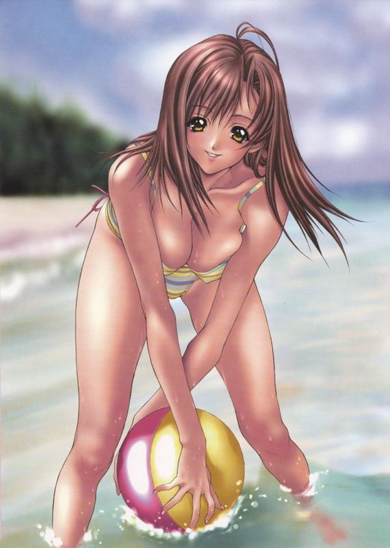 nas-o, non-web source, 1girl, ball, beach, beachball, bent over, bikini, brown eyes, brown hair, day, female focus, long hair, outdoors, solo, swimsuit