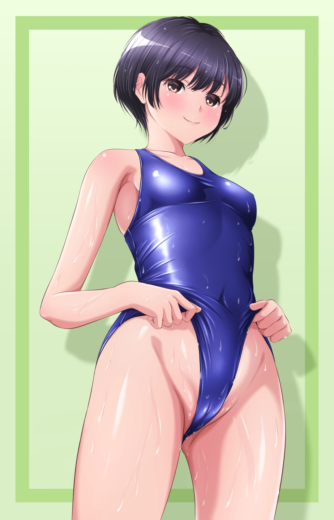 original, highres, 1girl, akippoi 0919, black hair, blue one-piece swimsuit, breasts, brown eyes, cameltoe, covered navel, cowboy shot, frontal wedgie, green background, medium breasts, one-piece swimsuit, school swimsuit, self wedgie, short hair, solo, swimsuit, two-tone background, wedgie, wet, wet clothes, wet swimsuit