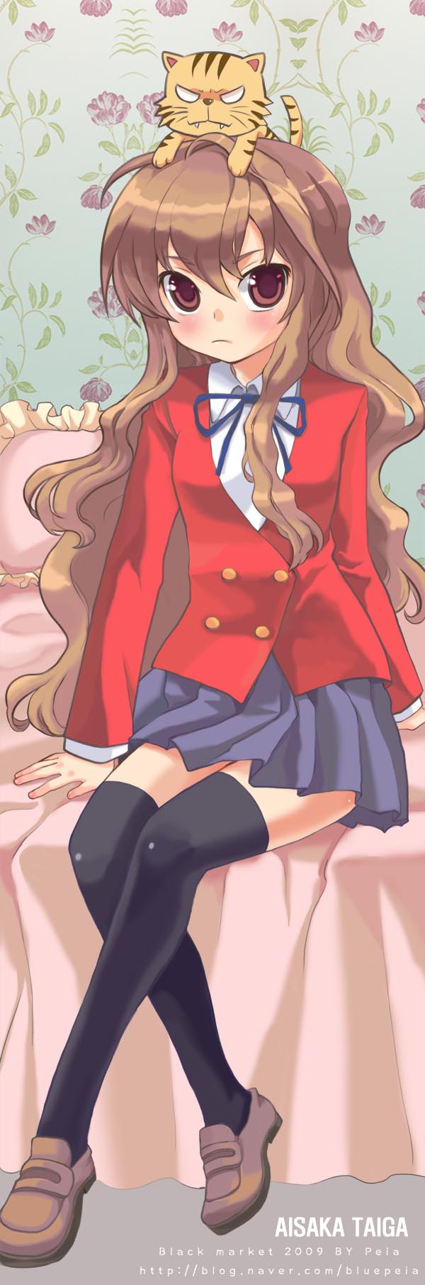 aisaka taiga, palmtop tiger, toradora!, highres, long image, tall image, 00s, 1girl, animal, animal on head, bed, black thighhighs, brown eyes, brown hair, cat, cat on head, female focus, long hair, on head, school uniform, solo, thighhighs, tiger