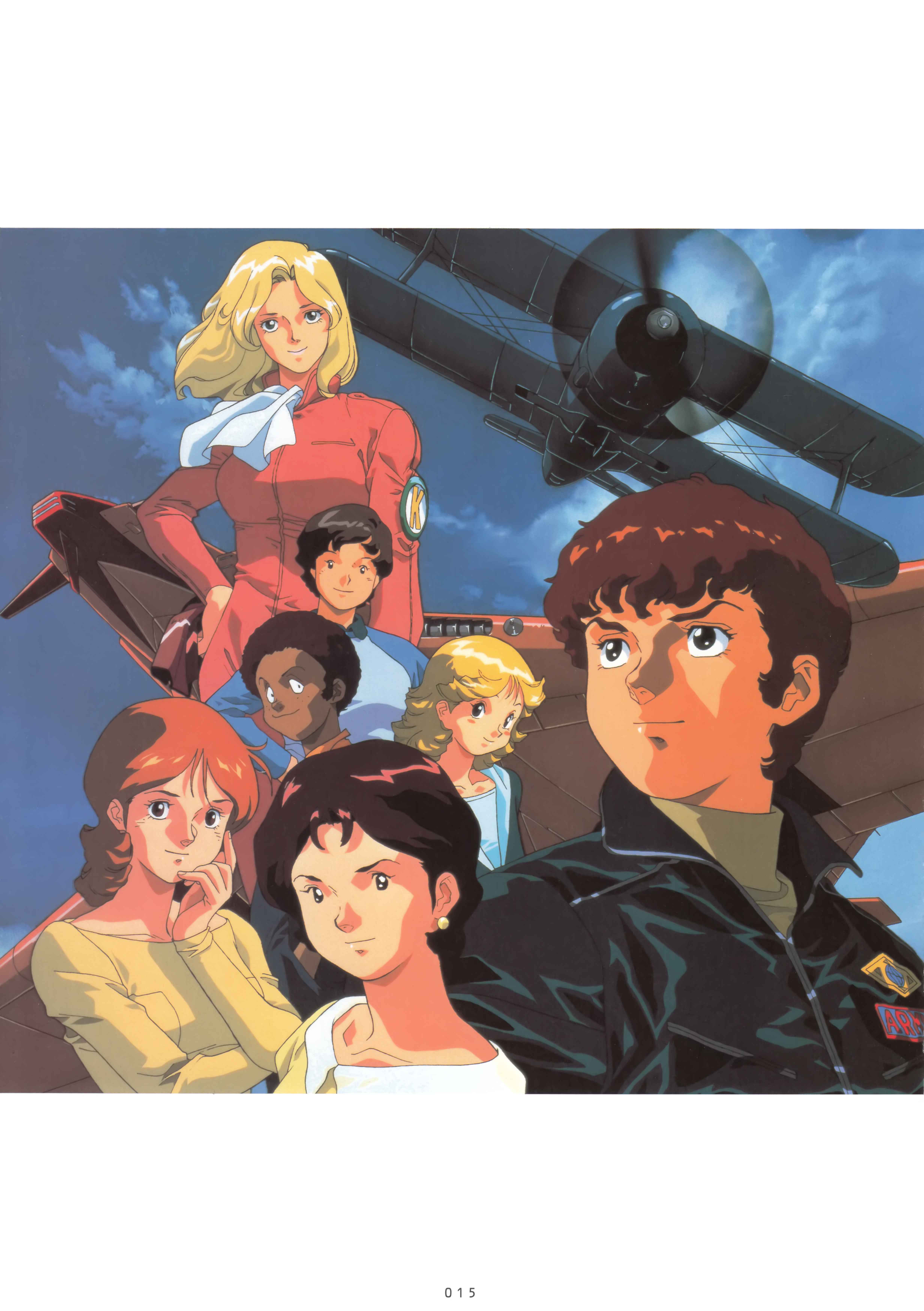 kitazume hiroyuki, amuro ray, beltorchika irma, fraw bow, katz howan, kikka kitamoto, letz cofan, mirai yashima, gundam, zeta gundam, absurdres, highres, official art, scan, traditional media, 1990s (style), 3boys, 4girls, aeug, aircraft, airplane, biplane, black eyes, blonde hair, brown hair, canards, cloud, cloudy sky, dark skin, earrings, flying, jacket, jewelry, military jacket, military uniform, multiple boys, multiple girls, orange hair, retro artstyle, scarf, science fiction, sideburns, sky, white scarf, window