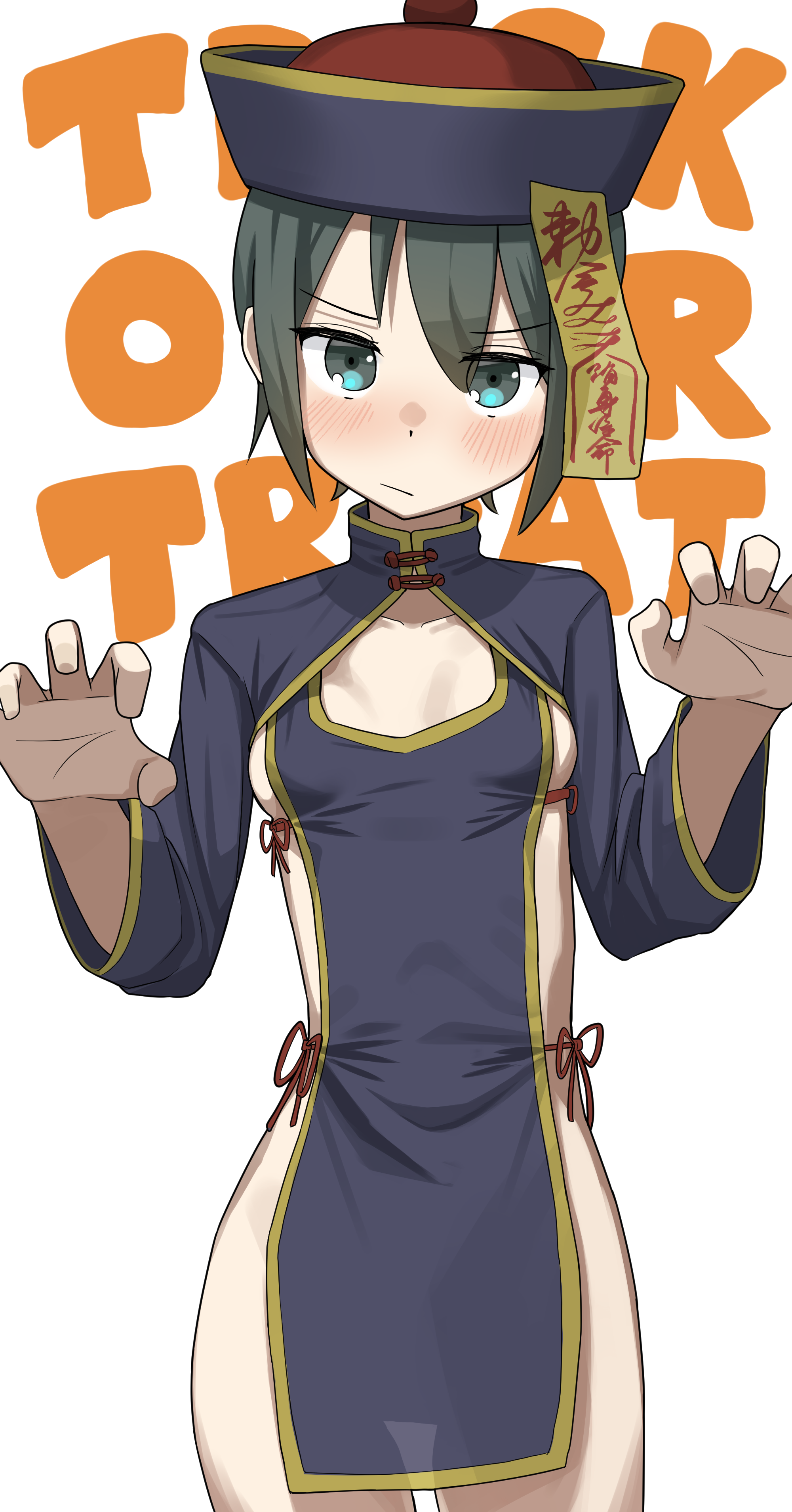 akts625, kino (kino no tabi), kino no tabi, absurdres, commentary, english commentary, highres, 1girl, :/, black capelet, black dress, black hat, blue eyes, blush, breasts, capelet, chinese clothes, claw pose, closed mouth, collarbone, cowboy shot, dot nose, dress, embarrassed, english text, green hair, hair between eyes, halloween, halloween costume, hands up, hat, hat ornament, high collar, hip focus, jiangshi, jiangshi costume, long sleeves, mandarin collar, ofuda, ofuda on head, outstretched arms, pankou, pelvic curtain, qingdai guanmao, red hat, see-through silhouette, short dress, short hair, side-tie dress, side slit, sideboob, simple background, small breasts, standing, thigh gap, tomboy, trick or treat, two-tone hat, v-shaped eyebrows, very short hair, white background, yellow trim