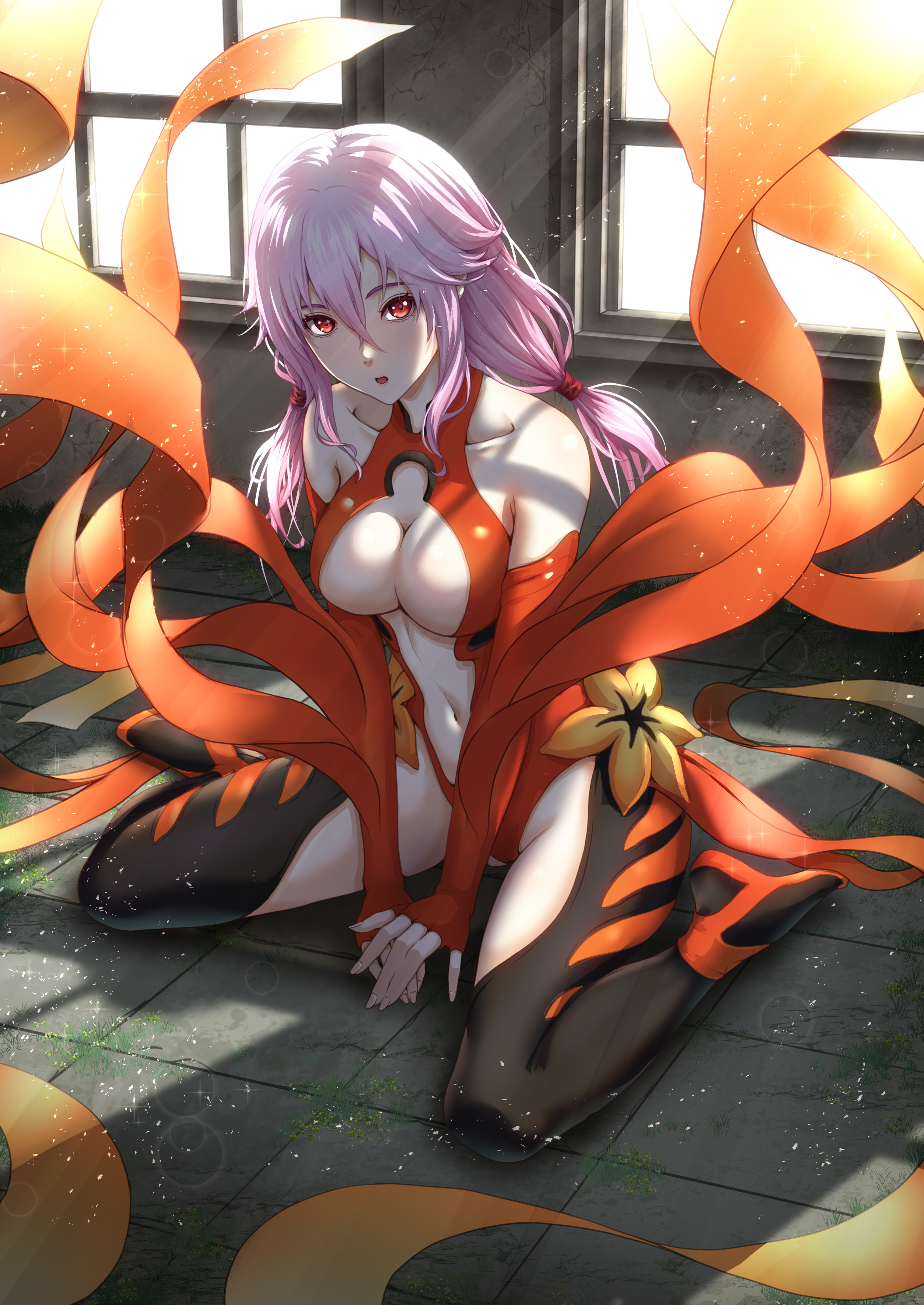 nito (mrrx5772), yuzuriha inori, guilty crown, absurdres, commentary, highres, 1girl, bare shoulders, black thighhighs, breasts, center opening, cleavage, collarbone, detached sleeves, elbow gloves, fingerless gloves, gloves, hair between eyes, hair tubes, indoors, large breasts, leotard, long hair, looking at viewer, low twintails, navel, no hairclip, open mouth, pink hair, red eyes, red leotard, red sheet, sitting, solo, thighhighs, twintails, wariza, window shadow