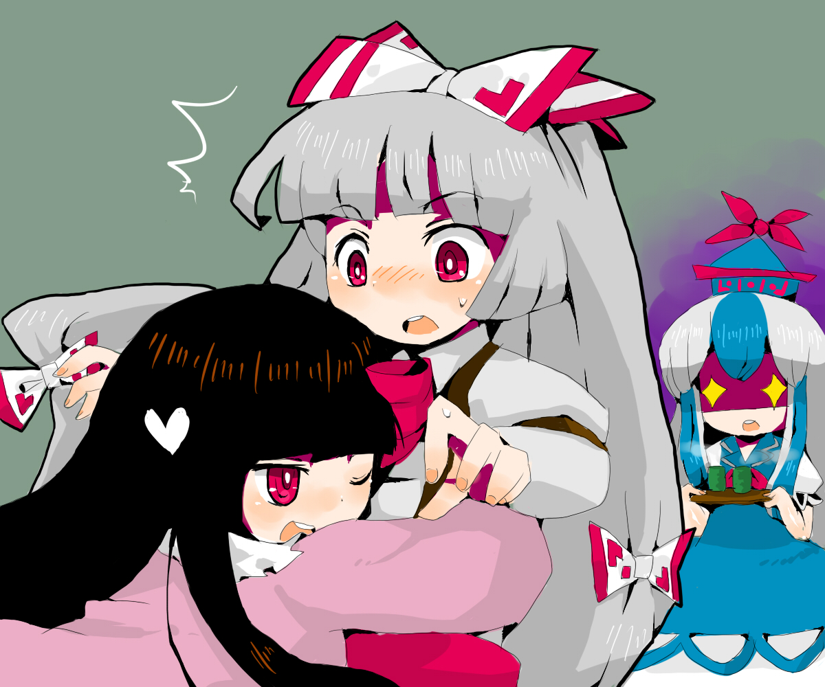 mousou youjo, yuto mochi, fujiwara no mokou, houraisan kaguya, kamishirasawa keine, touhou, silver hair, bad id, bad pixiv id, 3girls, black hair, bow, caved (touhou), female focus, hair bow, hair ribbon, hat, hug, long hair, multicolored hair, multiple girls, multiple hair bows, one eye closed, red eyes, ribbon, wink