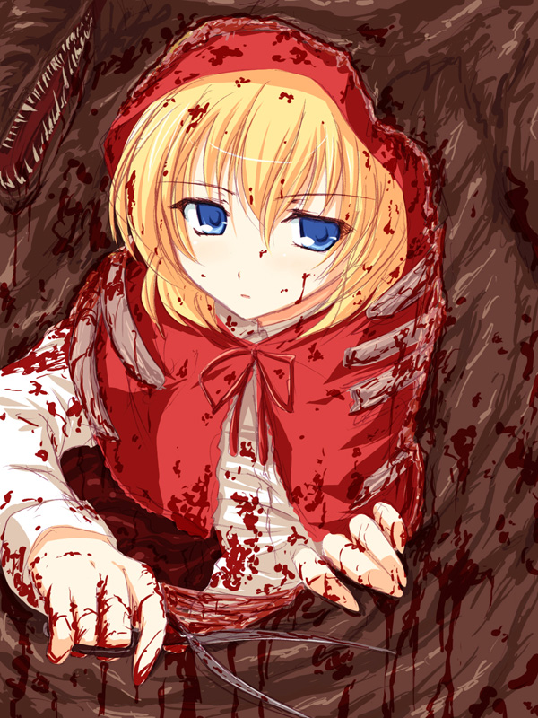 yuku (kiollion), little red riding hood (fairy tale character), little red riding hood (fairy tale), 1girl, blonde hair, blood, blue eyes, female focus, guro, hood, scissors, solo