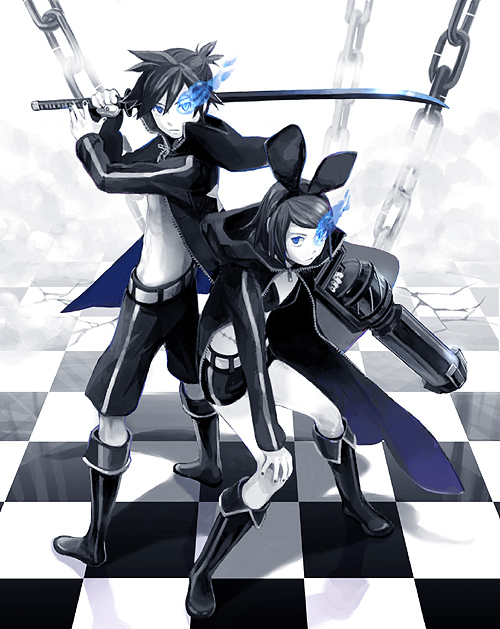 habuki, black rock shooter (character), kagamine len, kagamine rin, black rock shooter, vocaloid, 1boy, 1girl, arm cannon, bikini, bikini top only, black hair, black rock shooter (cosplay), cape, chain, checkered floor, cosplay, glowing, glowing eye, glowing eyes, gun, midriff, shorts, swimsuit, sword, weapon