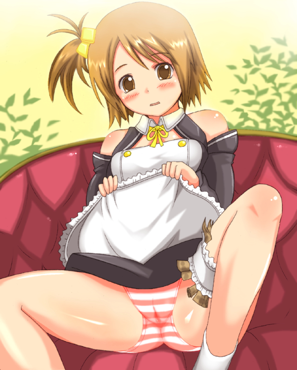 shiina you (tomoshibi), setsu (dream c club), dream c club, dream c club (series), 1girl, blush, brown eyes, brown hair, cameltoe, clothes lift, cube hair ornament, detached sleeves, female focus, hair ornament, money, panties, pussy juice, side ponytail, skirt, skirt lift, socks, solo, striped clothes, striped panties, underwear, upskirt, wet, wet clothes, wet panties