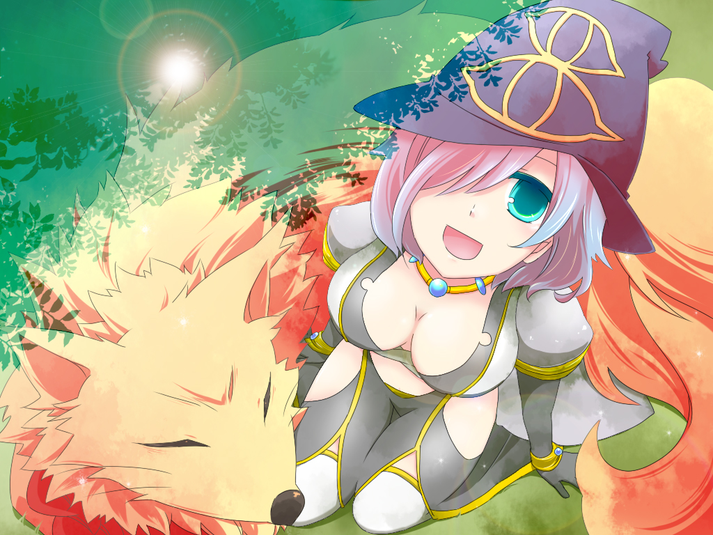kiriko, warlock (ragnarok online), ragnarok online, commentary request, 1girl, :d, black gloves, black pants, blue eyes, breasts, cleavage, coat, dappled sunlight, eye print, fox, front slit, full body, gloves, grey coat, grey hair, hair over one eye, hat, kitsune, large breasts, lens flare, looking at viewer, open clothes, open coat, open mouth, pants, purple hat, seiza, short hair, sitting, smile, solo, sunlight, thighhighs, white thighhighs, witch hat