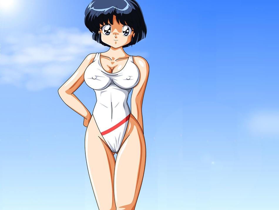 akane (cgbox), tendou akane, ranma 1/2, tagme, 1girl, black hair, breasts, cameltoe, covered erect nipples, hand on own hip, hip focus, huge breasts, large breasts, nipples, shiny skin, swimsuit, thigh gap