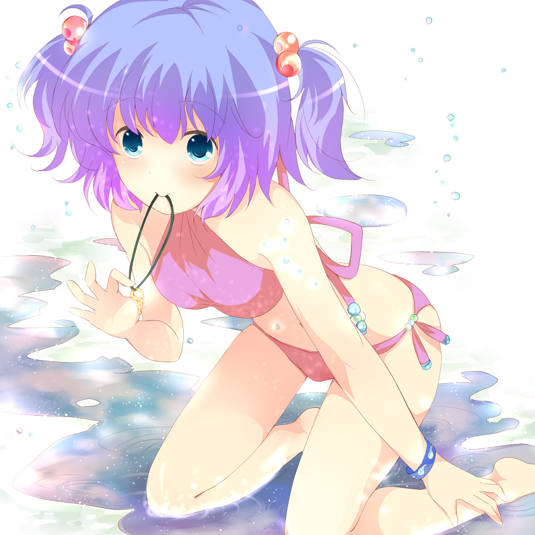 yatomi, kawashiro nitori, touhou, bad id, bad pixiv id, 1girl, barefoot, bikini, blue eyes, blue hair, breasts, female focus, gradient background, hair bobbles, hair ornament, key, matching hair/eyes, mouth hold, solo, swimsuit, twintails, two side up, white background