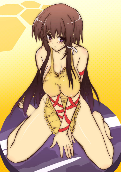 makishima azusa, takamura yui, muv-luv, muv-luv alternative, muv-luv total eclipse, muvluv alternative total eclipse, 1girl, apron, barefoot, black hair, blush, breasts, brown eyes, brown hair, covered erect nipples, embarrassed, huge breasts, kneeling, long hair, naked apron, red ribbon, ribbon, sitting, sweatdrop, v arms, wariza